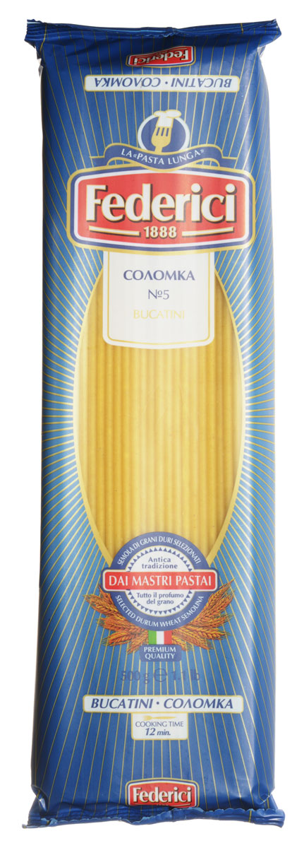 Federici Bucatini соломка, 500 г0100005 Federici Bucatini соломка, 500 г0100005Макаронные изделия Federici Bucatini сделаны из муки твердых сортов, содержащей чуть меньшее количество клейковины, чем обыкновенная мука. Она хорошо поглощает воду, макароны из нее при варке увеличиваются и не развариваются.