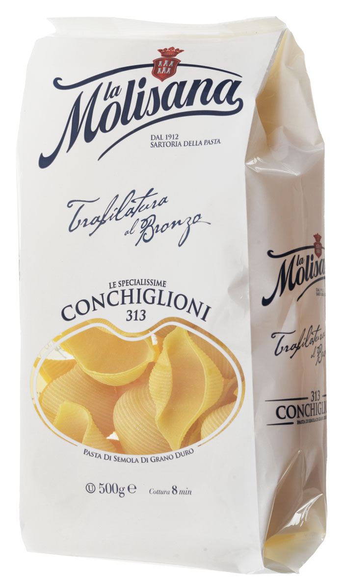 La Molisana Conchiglioni ракушки рифленые, 500 г0190032 La Molisana Conchiglioni ракушки рифленые, 500 г0190032Рифленые ракушки La Molisana Conchiglioni сделаны из муки твердых сортов, содержащей чуть меньшее количество клейковины, чем обыкновенная мука. Она хорошо поглощает воду, макароны из нее при варке увеличиваются и не развариваются.