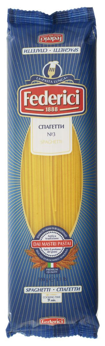 Federici Spaghetti спагетти, 500 г0100003 Federici Spaghetti спагетти, 500 г0100003Макаронные изделия Federici Spaghetti сделаны из муки твердых сортов, содержащей чуть меньшее количество клейковины, чем обыкновенная мука. Она хорошо поглощает воду, макароны из нее при варке увеличиваются и не развариваются.