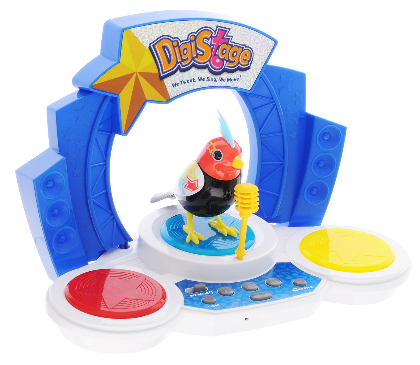 DigiFriends Интерактивная игрушка Птичка со сценой88268S DigiFriends Интерактивная игрушка Птичка со сценой88268SПтичка с ярким оперением и голубым хохолком на голове - настоящая звезда. Для исполнения своих песен у неё есть даже настоящая сцена, сияющая разноцветными огоньками. Птица умеет петь как соло, так и в хоре - вместе с другими птичками и сценой. На сцене есть специальные кнопки, с помощью которых нужно набирать четырёхзначные коды для активации той или иной популярной песни. Для последовательного проигрывания мелодий необходимо ввести сразу несколько кодов, записанных в специальной карточке. Голова птички двигается в такт мелодии, а клюв - открывается. Для синхронизации с мелодиями сцены необходимо включить птичку в режим хора. Игрушка также может спеть вместе со всеми персонажами Digifriends. Птичка, которую активировали первой, становится солистом. В комплект входит кольцо-свисток, которое может быть использовано в качестве насеста-переноски. Чтобы активировать режим проигрывания мелодий и птичьего щебета, достаточно посвистеть в свисток. Игрушка издает 55 вариантов...