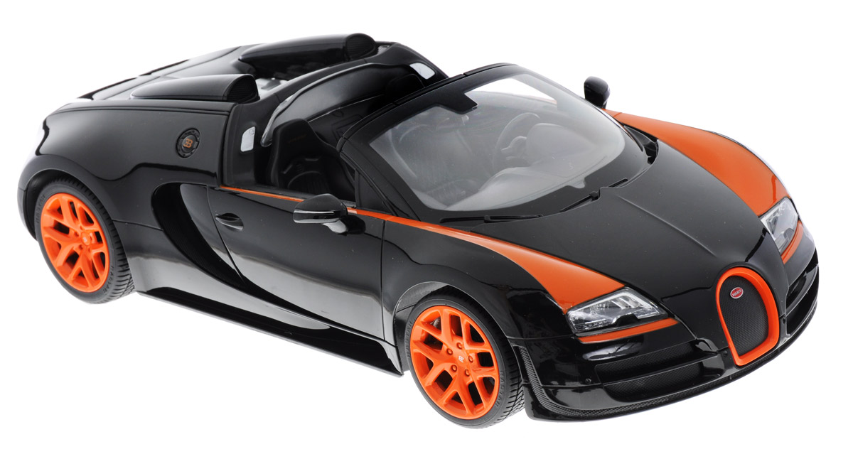 Rastar Радиоуправляемая модель Bugatti Veyron 16.4 Grand Sport Vitesse цвет черный оранжевый 7042070420_черный, оранжевый Rastar Радиоуправляемая модель Bugatti Veyron 16.4 Grand Sport Vitesse цвет черный оранжевый 7042070420_черный, оранжевыйРадиоуправляемая модель Rastar Bugatti Veyron 16.4 Grand Sport Vitesse будет отличным подарком как ребенку, так и взрослому коллекционеру. Все дети хотят иметь в наборе своих игрушек ослепительные, невероятные и крутые автомобили на радиоуправлении. Тем более, если это автомобиль известной марки с проработкой всех деталей, удивляющий приятным качеством и видом. Одной из таких моделей является автомобиль на радиоуправлении Rastar Bugatti Veyron 16.4 Grand Sport Vitesse. Это точная копия настоящего авто в масштабе 1:14. Авто обладает неповторимым стилем и спортивным характером. Потрясающая маневренность, динамика и покладистость - отличительные качества этой модели. Возможные движения: вперед-назад, вправо-влево, остановка. Имеются световые эффекты. Пульт управления работает на частоте 2,4 GHz. Для работы игрушки необходимы 5 батареек типа АА (не входят в комплект). Для работы пульта управления необходима батарейка 9V типа Крона...