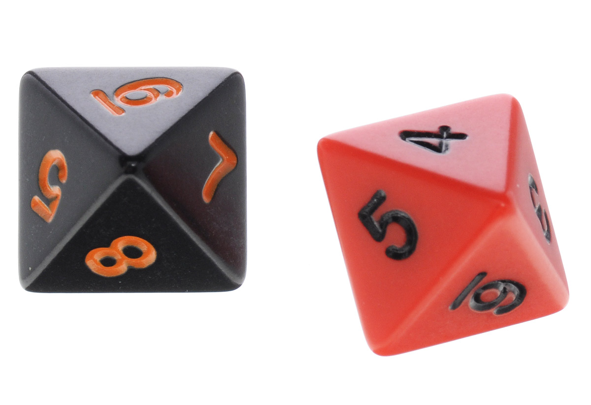 Koplow Games Набор игральных костей Простые D8 цвет черный красный 2 шт2547_ черный, красный Koplow Games Набор игральных костей Простые D8 цвет черный красный 2 шт2547_ черный, красныйНабор игральных костей Koplow Games Простые D8 предназначен для настольных игр. Набор состоит из двух восьмигранных костей. На каждую треугольную грань игральной кости нанесены числа от 1 до 8. С помощью игральной кости происходит определение случайного числа, выпадение каждого из которых является равновозможным благодаря правильной геометрической форме. Игральные кости выполнены из прочного пластика.