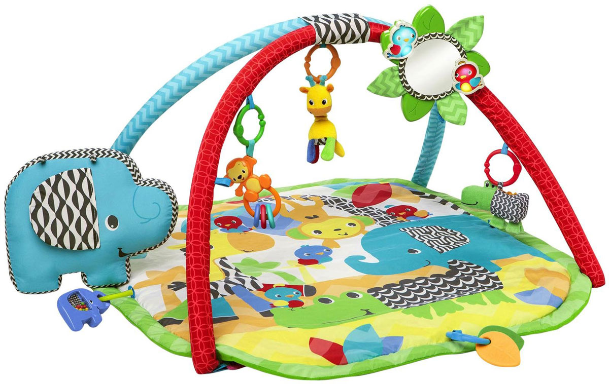 Bright Starts Развивающий коврик Сафари52036 Bright Starts Развивающий коврик Сафари52036Развивающий коврик Bright Starts Сафари стимулирует развитие координации движений и моторику ребенка. Коврик имеет 8 игрушек: плюшевый жираф с гибкой шеей, погремушки - обезьянка с колечками, слоник, аллигатор, 2 листика-прорезывателя, а также 6 цветных колечек, которые могут использоваться для подвески игрушек или для создания цепочки. На одной из дуг расположено безопасное зеркало в форме цветочка, который светится и проигрывает мелодии. Музыка звучит 20 минут. Высоту цветочка можно регулировать. Веселое зеркало, благодаря специальной ручке, можно взять с собой на прогулку. Эту игрушку легко прикрепить к кроватке, коляске, сумке-кенгуру, или в другом выбранном месте. Плюшевый слон-подушечка поддерживает ребенка во время игры на животике. Ребенок может играть на коврике 3 способами: лежа на спине, играя с игрушками; лежа на животике, тренируя мышцы и знакомясь с отражением в зеркале; после снятия дуг, сидя играя с...