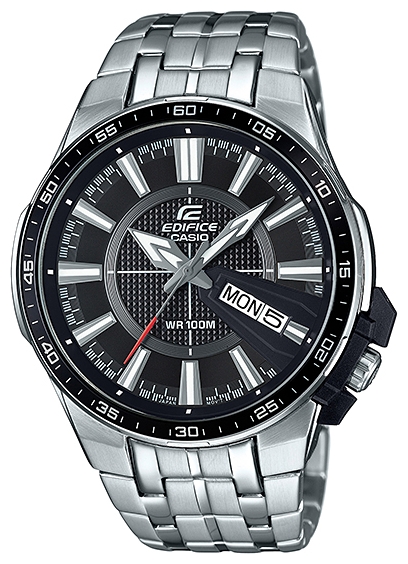 Часы наручные мужские Casio Edifice, цвет: стальной, черный. EFR-106D-1AEFR-106D-1A Часы наручные мужские Casio Edifice, цвет: стальной, черный. EFR-106D-1AEFR-106D-1AЦентральные часовая, минутная и секундная стрелки. Апертура даты и дня недели на «4 часах». Корпус выполнен из нержавеющей стали 316L, поверхности с матовой шлифовкой и зеркальной полировкой. Безель из алюминия с черным покрытием и контрастной разметкой. Размеры корпуса 45,5 мм (по оси заводной головки) х 51 мм (по вертикали) х 11,4 мм (толщина). Вес приблизительно 145 грамм Накладка, защищающая переводную коронку от ударов, крепится корпусу винтами и имеет контрастную черную окраску. Минеральное стекло устойчивое к возникновению царапин. Циферблат - рельефный, апертура даты и дня недели выделена объемной окантовкой. Аппликация часовых индексов и цифр. Задняя крышка имеет винтовое соединение с корпусом. Водостойкость 100 метров (10 АТМ). Браслет из нержавеющей стали, застежка раскладывается при нажатии на кнопки.