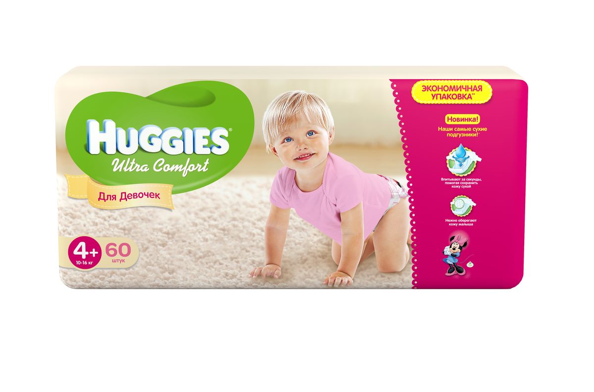 Huggies Подгузники для девочек Ultra Comfort 10-16 кг (размер 4+) 60 шт9403432 Huggies Подгузники для девочек Ultra Comfort 10-16 кг (размер 4+) 60 шт9403432Подгузники Huggies Ultra Comfort для девочек! С первых дней жизни мальчики и девочки такие разные. Новые подгузники Huggies Ultra Comfort созданы специально для девочек. Для лучшего впитывания распределяющий слой в этих подгузниках расположен там, где это нужнее всего. Подгузники изготовлены из мягких материалов с микропорами, которые позволяют коже дышать. Специальные тянущиеся застежки с закругленными краями надежно фиксируют подгузник, а широкий суперэластичный поясок позволяет малышам свободно двигаться. Яркие эксклюзивные с дизайнами от Дисней подчеркивают индивидуальность маленьких модниц. Подгузники Huggies Ultra Comfort для мальчиков и для девочек - потому что они такие разные.