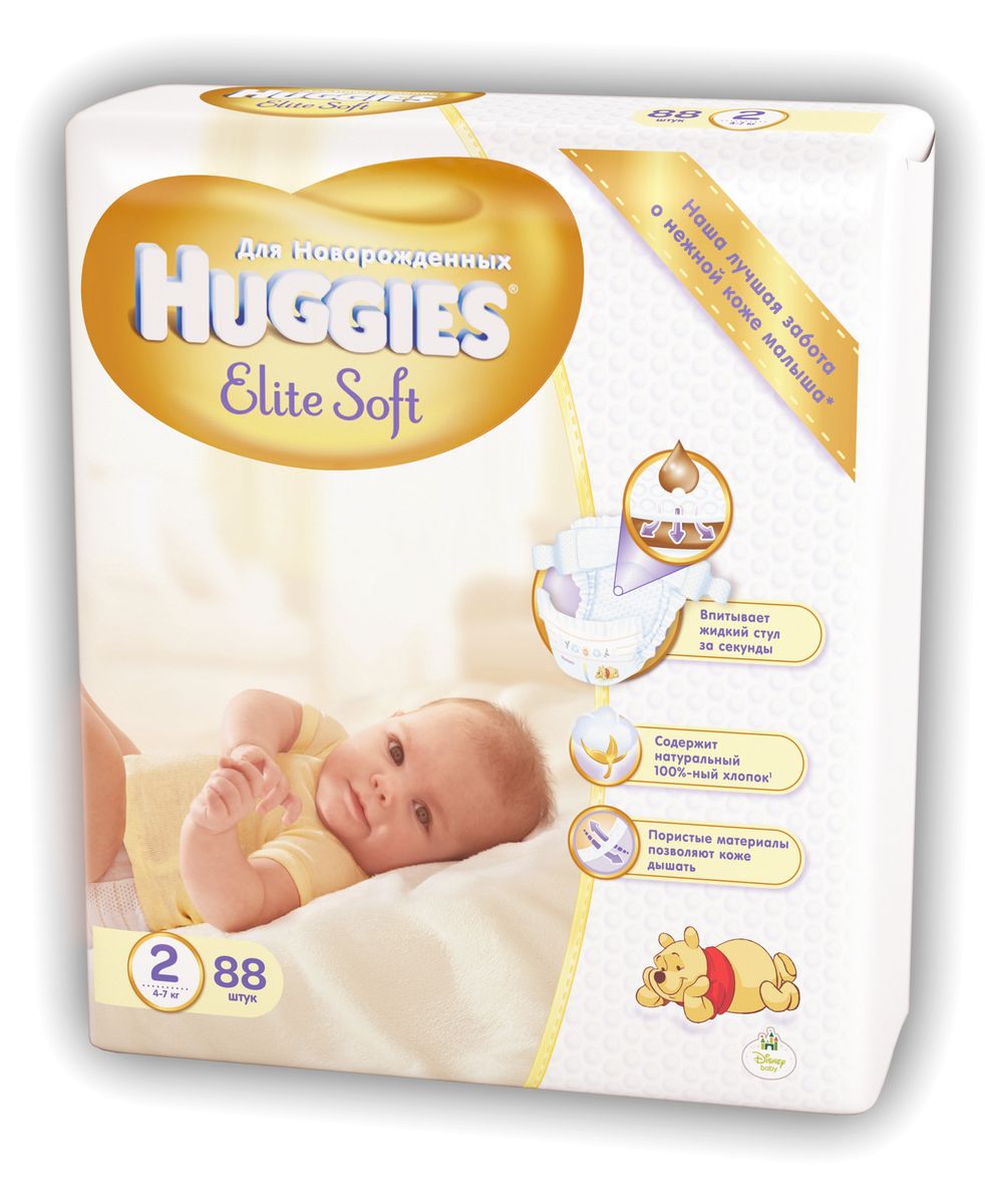 Huggies Подгузники Elite Soft 4-7 кг (размер 2) 88 шт9400832 Huggies Подгузники Elite Soft 4-7 кг (размер 2) 88 шт9400832Детские одноразовые подгузники Huggies Elite Soft - Наша лучшая забота о нежной коже малыша. Свойства: мягкий суперэластичный поясок для великолепного прилегания; застежки легко застегиваются в любом месте подгузника;содержит натуральный 100% хлопок; пористые материалы позволяют коже дышать; наш самый мягкий подгузник внутри и снаружи; специальный внутренний кармашек помогает предотвратить протекание; новый супер мягкий слой SoftAbsorb впитывает жидкий стул и влагу за секунды, помогая сохранить кожу сухой; новые мягкие подушечки создают надежную преграду между кожей малыша и жидким стулом; индикатор влаги меняет цвет, когда намокает.