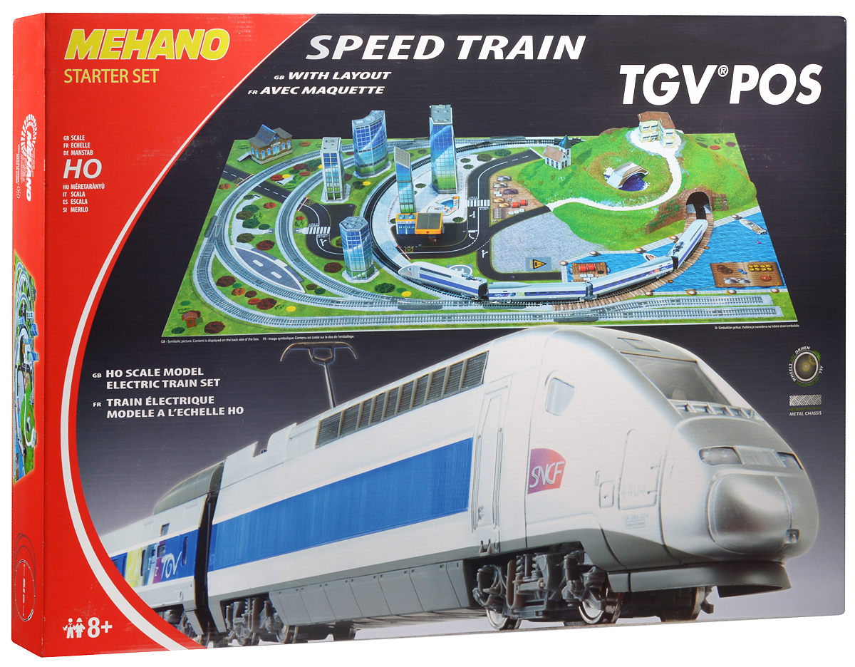 Mehano Железная дорога TGV POS с ландшафтомT111 Mehano Железная дорога TGV POS с ландшафтомT111Железная дорога Mehano TGV POS окружена интересным и разнообразным ландшафтом. Фрагменты ландшафта, построек, железнодорожного полотна, вагонов и локомотива имеют крайне высокую степень детализации, что делает игру еще более увлекательной. На пути скоростного поезда встречаются низенькие загородные домики и взмывающие в небо бизнес-центры, живописные озера и пригорки, автодороги и зеленые лужайки, капитальные тоннели, проложенные сквозь горы и возвышенности. Все эти объекты придают игре неповторимое ощущение реальности. Рельсы металлические, колеса паровозов из металла. Все элементы комплекта совместимы с другими сборными моделями железной дороги Mehano, так что юный машинист сможет прокладывать различные маршруты, строить новые станции и придумывать неповторимый, свой собственный уникальный ландшафт. В комплект входит: 1 ведущий и 1 ведомый локомотив, 1 вагон первого и 1 второго класса, 2,25 метров железнодорожного полотна (12 радиальных рельс), современный...