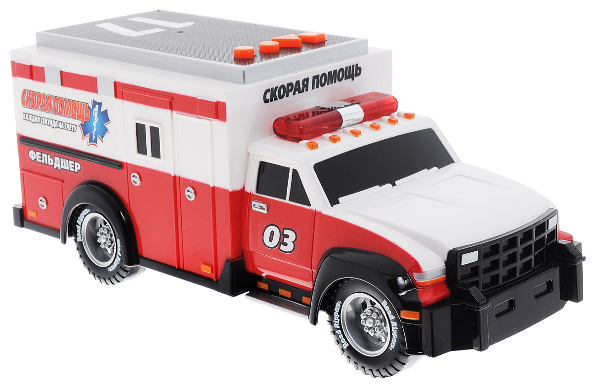 Toystate Скорая помощь34535TS-R_скорая помощь Toystate Скорая помощь34535TS-R_скорая помощьЯркая машинка Toystate Скорая помощь со звуковыми и световыми эффектами, несомненно, понравится вашему ребенку и не позволит ему скучать. Игрушка выполнена в виде машины скорой помощи. При нажатии на кнопки, расположенные на крыше, светятся сигнальные огни автомобиля, воспроизводятся звуки двигателя и сирены, колеса машинки вращаются. Ваш ребенок часами будет играть с машинкой, придумывая различные истории и устраивая соревнования. Порадуйте его таким замечательным подарком! Для работы игрушки необходимы 3 батарейки типа АA (товар комплектуется демонстрационными).