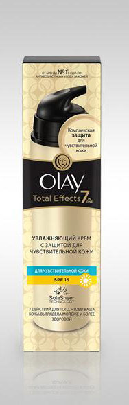 Olay Дневной крем для лица Total Effects 7в1, увлажняющий, для чувствительной кожи, SPF 15, 50 млOL-81290839 Olay Дневной крем для лица Total Effects 7в1, увлажняющий, для чувствительной кожи, SPF 15, 50 млOL-81290839Увлажняющий дневной крем Olay Total Effects 7в1 помогает укрепить естественный защитный барьер чувствительной кожи. Защищает барьер кожи от воздействий внешней среды, улучшает цвет и текстуру кожи. Витамины E, B и C, облепиха и белый чай бережно успокаивает, окутывает кожу и дарит ощущение заботы. Глицерин, масло какао и успокаивающий аллантоин усиливают синтез липидов, укрепляют удерживающий влагу барьер.Также сокращают покраснения. Дерматологически протестировано на чувствительной кожи. Без отдушек. Товар сертифицирован.