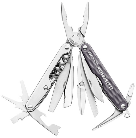 Мультитул Leatherman Juice XE6, цвет: серый831994 Мультитул Leatherman Juice XE6, цвет: серый831994Пассатижи, кусачки, нож прямой, нож серрейторный, ножницы, пила, надфиль мелкий, надфиль алмазный, 4 отвертки (одна - часовая), штопор с приспособлением для удобного открывания бутылок с вином, открывалка для пивных бутылок, шило, страховочное кольцо. Длина мультитула в сложенном состоянии - 8,25 см, в раскрытом - 14 см. Вес - 190 гр. Цвет серый гранит. Подарочная упаковка. Гарантия - 25 лет.