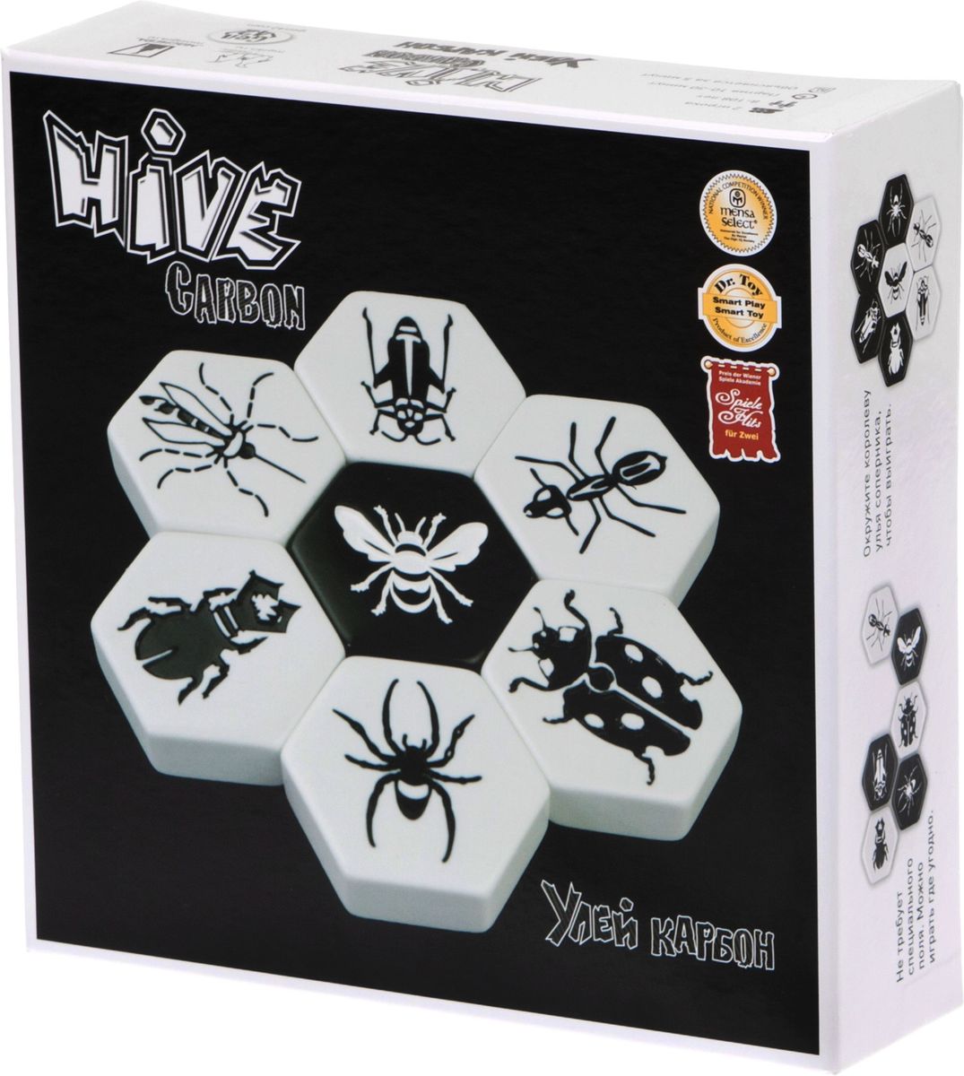 Gen 42 Games Настольная игра Улей КарбонMAG00706 Gen 42 Games Настольная игра Улей КарбонMAG00706Улей — это локализация известной игры Hive, впервые выпущенной в 2001 году и быстро ставшей настоящим хитом. Тактическая настольная игра для двух человек. Игроки ходят, выкладывая шестиугольные фишки вплотную к тем, которые уже находятся на столе. Задача игрока — окружить королеву-пчелу противника своими фишками. «Карбон» — это специальное издание игры, включающее как базовую версию Улья, так и два дополнения — «Москит» и «Божья коровка». Ещё одно отличие от классической версии — строгая классическая чёрно-белая гамма. Принцип игры тот же, что и в базовом Улье. Два вражеских муравейника соприкоснулись, и теперь нужно окружить королеву улья противника. У вас есть куча фишек насекомых, и вы каждый ход либо выкладываете одну на стол, присоединяя к своему улью, либо двигаете одну из уже выложенных.