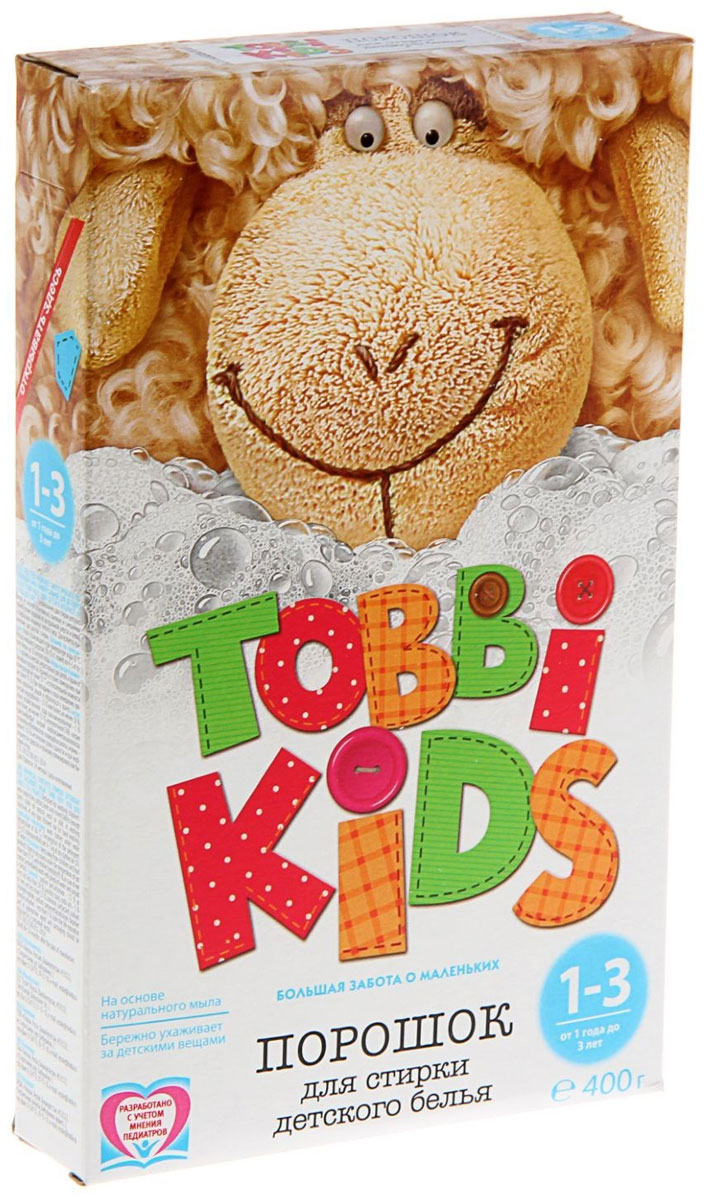 Tobbi Kids Стиральный порошок для детского белья от 1 до 3 лет 400 г891738 Tobbi Kids Стиральный порошок для детского белья от 1 до 3 лет 400 г891738Стиральный порошок для детского белья Tobbi Kids изготовлен из натурального мыла, отлично справляющегося со следами от пюре и соков. Дети в возрасте от 1 года до 3 лет очень чувствительны к аллергенам и активным веществам в составе моющего средства, из-за чего взрослые стиральные порошки им не подходят. Однако характер загрязнений на одежде в процессе взросления меняется, поэтому стиральный порошок должен быть не только безопасным, но и более эффективным, чем в первые месяцы жизни. Формула Tobbi Kids от 1 до 3 лет разработана с учетом рекомендаций педиатров и отвечает самым высоким требованиям безопасности. Предназначен для стирки детского белья из хлопчатобумажных, льняных и смешанных тканей в стиральных машинах любого типа. Допускается применение для ручной стирки. Состав: мыло хозяйственное, неионогенное поверхностно-активное вещество, натрия перкарбонат, натрий триполифосфат, сода кальцинированная, натрий карбоксиметилцеллюлоза, усилитель...