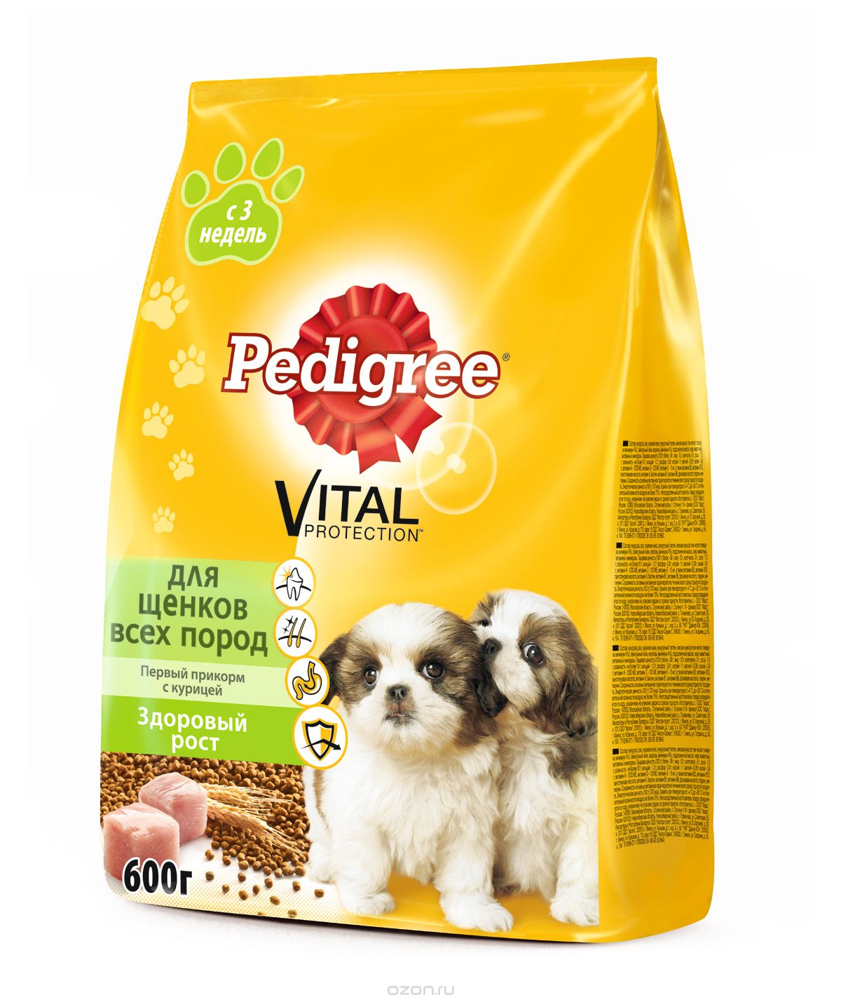 Корм сухой для щенков Pedigree Первый прикорм, с курицей, 600 г37960 Корм сухой для щенков Pedigree Первый прикорм, с курицей, 600 г37960Сухой корм Pedigree Первый прикорм специально создан для перевода щенков с материнского молока на специальные рационы для щенков. Начиная с 3 недель щенку уже недостаточно питания материнским молоком. Необходимо начинать первый прикорм, помогая пищеварительной системе щенка постепенно адаптироваться к усвоению новых источников питательных веществ. Первый прикорм нужно предлагать щенку перед кормлением материнским молоком. При смешивании с теплой водой гранулы быстро впитывают воду и становятся мягкими. Особенности и преимущества рациона: содержит высококачественные продукты и специально подобранную клетчатку; оптимальный кальциево-фосфорный баланс, содержание витамина Д3 и глюкозамина; содержит антиоксиданты (в т.ч. витамин Е и таурин); содержит комплекс линолевой кислоты, витаминов и минералов; способствует правильной работе пищеварительной системы; способствует правильному формированию опорно-двигательного аппарата; укрепляет иммунитет,...