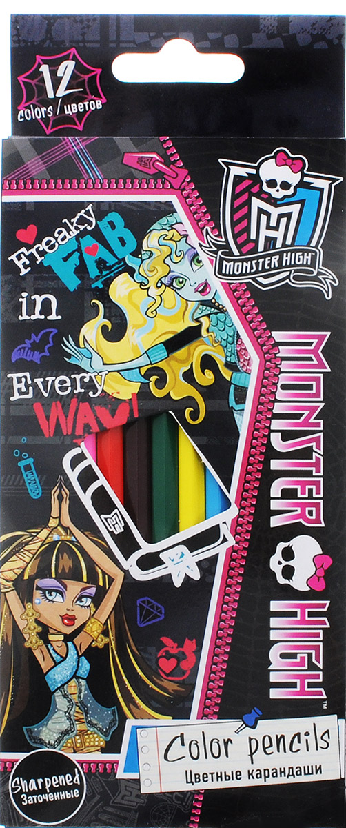 Monster High Набор цветных карандашей 12 цветовMHBB-US1-1P-12 Monster High Набор цветных карандашей 12 цветовMHBB-US1-1P-12Набор цветных карандашей Monster High непременно понравятся вашей юной художнице. Набор включает в себя 12 ярких цветных карандашей. Карандаши изготовлены из натурального экологически чистого дерева. Имеют ударопрочный неломающийся грифель, не требующий сильного нажатия. Двойная проклейка стержня специальным клеем предотвращает поломку грифеля при падении. Легко затачиваются, не крошатся. Порадуйте своего ребенка таким восхитительным подарком! В комплекте 12 заточенных карандашей в удобной выдвижной коробке.