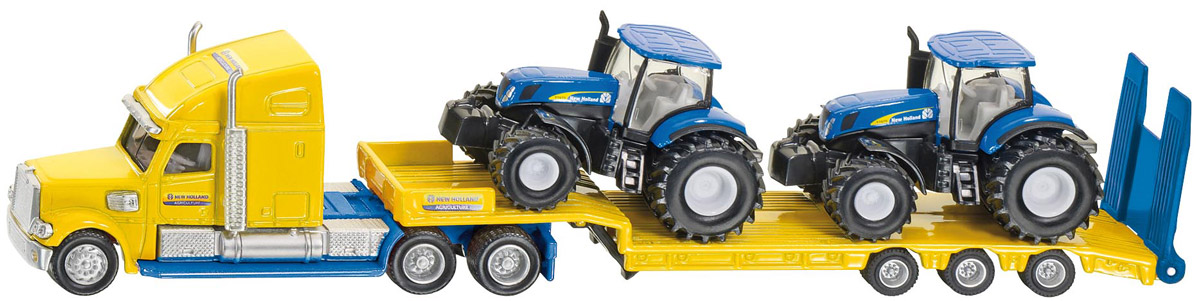 Siku Тягач с тракторами New Holland1805 Siku Тягач с тракторами New Holland1805Тягач с тракторами Siku New Holland привлечет внимание вашего ребенка. Мощный американский тягач доставит два всемирно известных трактора New Holland в любой уголок страны. Изделия выполнены из металла с элементами из пластика. Кабина тягача снимается, вся техника оснащена резиновыми шинами. Игры с моделями способствуют развитию воображения, мышления, мелкой моторики рук и координации движений.