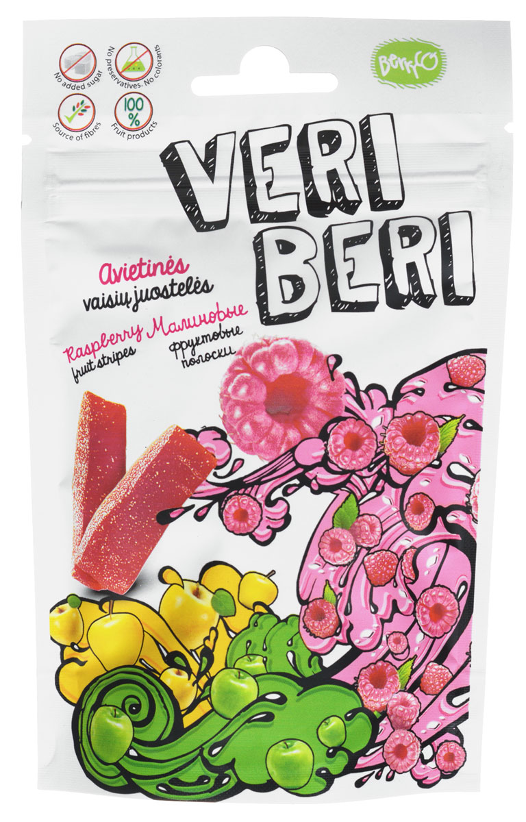 Veri Beri Фруктовые полоски с малиной, 50 г4779033190137 Veri Beri Фруктовые полоски с малиной, 50 г4779033190137Фруктовые полоски Veri Beri, сделанные только из натуральных фруктов. Без сахара, без консервантов, без красителей. Сладость продукта достигается только за счёт использования только натуральных сахаров, содержащихся в фруктовом соке и пюре. Содержит много клетчатки, что положительно влияет на пищеварительную систему. Используемые ингредиенты: фруктовый сок и концентрат пюре, фруктовый пектин, фруктовые волокна, натуральные фруктовые ароматизаторы.