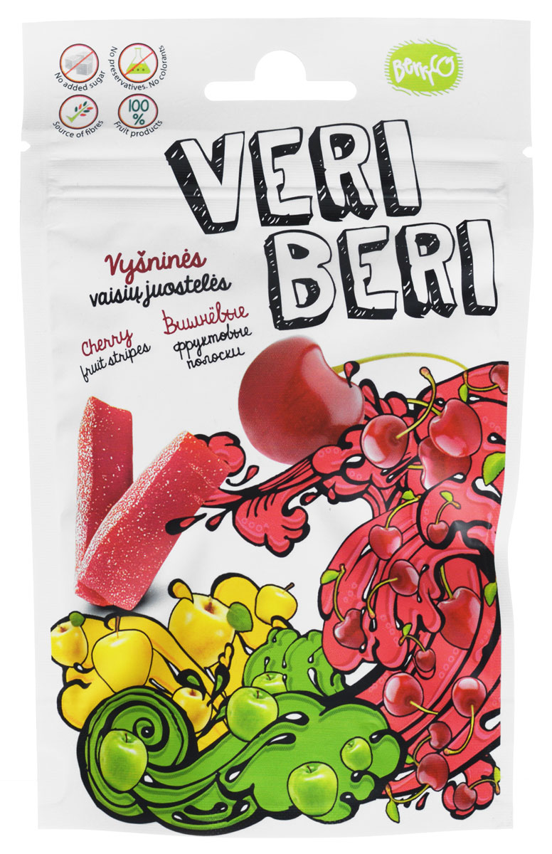 Veri Beri Фруктовые полоски с вишней, 50 г4779033190113 Veri Beri Фруктовые полоски с вишней, 50 г4779033190113Фруктовые полоски Veri Beri, сделанные только из натуральных фруктов. Без сахара, без консервантов, без красителей. Сладость продукта достигается только за счёт использования только натуральных сахаров, содержащихся в фруктовом соке и пюре. Содержит много клетчатки, что положительно влияет на пищеварительную систему. Используемые ингредиенты: фруктовый сок и концентрат пюре, фруктовый пектин, фруктовые волокна, натуральные фруктовые ароматизаторы.