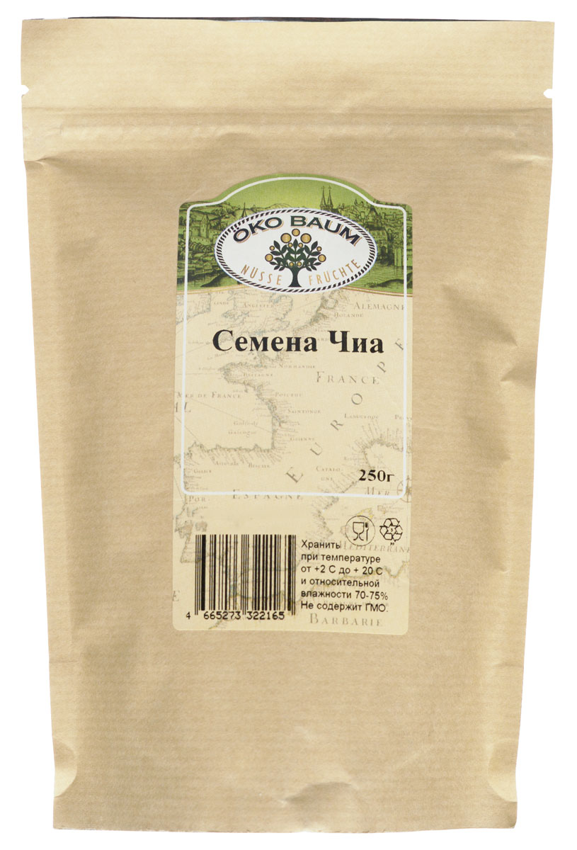 Oko Baum семена Чиа, 250 г4665273322165 Oko Baum семена Чиа, 250 г4665273322165Семена Чиа известны в Южной Америке много веков. С давних времен они находились в основе питания племен Мая и ацтеков. Сегодня слава семян Чиа дошла и до россиян. Обладая многочисленными полезными свойствами и высокой питательной ценностью, этот продукт очень универсален. Семя Чиа можно добавлять в напитки, во вторые и первые блюда, использовать в выпечке или при создании десертов. Семя Чиа не содержит клейковину, поэтому может быть использовано в рационе больных сахарным диабетом. Уже в самом названии семян Чиа содержится указание на их уникальные свойства. Слово chia подразумевает силу и указывает на тонизирующее и укрепляющее действие семян. Зерна Чиа имеют уникальный состав, который сложно воспроизвести искусственно. Зерна Чиа богаты омега-3 жирными кислотами. Особенно преобладает (около 60%) альфа-линоленовя кислота. Ни в одном другом здоровом продукте питания нет такого высокого содержания этой необходимой для человека кислоты.