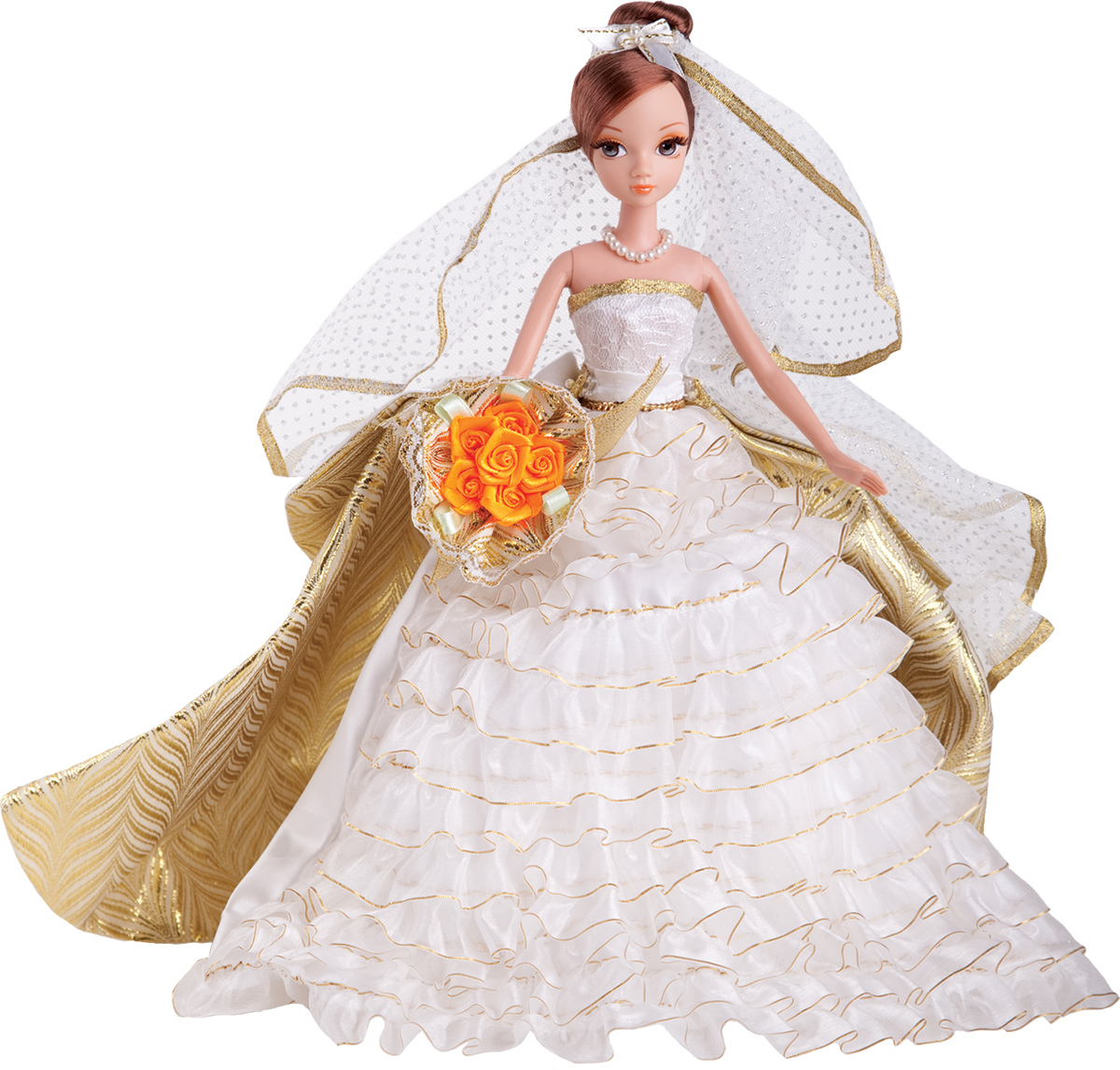 Sonya Rose Кукла Gold Collection Осенний вальсR9035 Sonya Rose Кукла Gold Collection Осенний вальсR9035Великолепная кукла Gulliver Sonya Rose: Осенний вальс одета в шикарное свадебное платье с рюшами и шлейфом. Законченность свадебному наряду придает пышная фата, декорированная золотой тесьмой и букет невесты. Золотая коллекция - шикарные, красивые, утонченные куклы в вечерних нарядах. Все они будто собрались на сказочный бал. Все в них прекрасно: чудесные прически, вечерний макияж и длинные трогательные ресницы. Это куклы, которых хочется коллекционировать. Куклы этой серии объединены не только дорогой золотой коробкой, но и трогательной сказочной историей о счастливой любви.