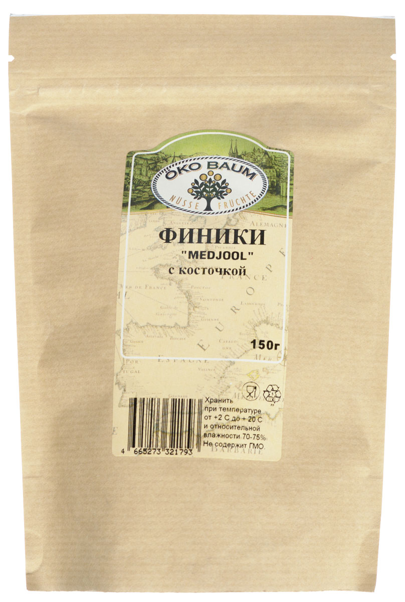Oko Baum финики Medjool с косточкой, 150 г4665273321793 Oko Baum финики Medjool с косточкой, 150 г4665273321793Крупные, мягкие финики сорта Medjool отличаются сладким, медовым вкусом. Финики - один из самых древних видов фруктов, играющие ответственную роль в полноценном питание человека. Финики предпочтительнее других фруктов своими уникальными питательными свойствами и содержат: железо, фосфор, медь, марганец, магний, калий и многие другие элементы. Благодаря высокому содержанию калия они полезны людям с заболеваниями сердца. Финики обладают нежным, сладким вкусом и являются пищей, идеальной для легкого и быстрого пищеварения. Финики весьма калорийны, поэтому являются хорошим источником энергии, например, во время длительных походов. Рекомендуется употреблять как самостоятельное лакомство, а также добавлять в десерты и выпечку.