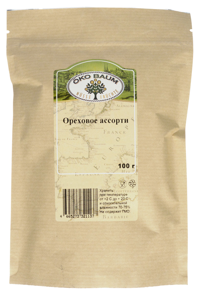 Oko Baum ореховое ассорти, 100 г4665273321137 Oko Baum ореховое ассорти, 100 г4665273321137Для всех, кто ведет активный образ жизни и следит за своим рационом питания Oko Baum предлагает прекрасную альтернативу перекусам в течении дня. Ореховое ассорти, в составе которого бразильский орех, орех кешью, грецкий орех, миндаль бланшированный, миндаль натуральный и фундук - это идеальный перекус! Удобно, вкусно и очень полезно!