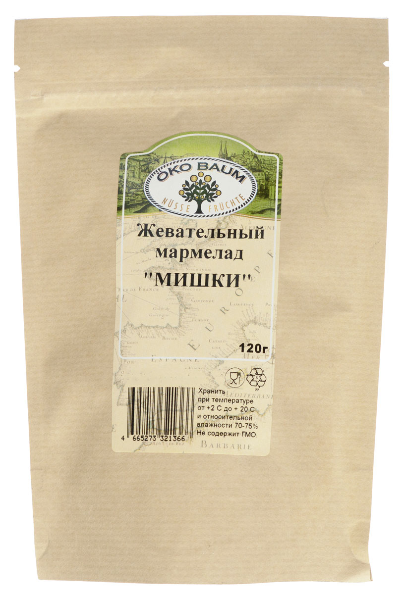 Oko Baum Мишки жевательный мармелад, 120 г4665273321366 Oko Baum Мишки жевательный мармелад, 120 г4665273321366Имеющий тысячелетнюю историю, мармелад и сейчас остается излюбленным лакомством для многих. Жевательный мармелад, для желирования которого используется желатин, действительно полезен. Но в состав жевательного мармелада входит сахар, поэтому увлекаться чрезмерным употреблением не стоит. Соблюдая это простое правило и употребляя его после еды в небольших количествах, можно насладиться не только вкусным, но и полезным лакомством. Пищевая ценность в 100 г продукта: Белки - 5,4 г. Жиры - 56,4 г. Углеводы - 76,7 г.