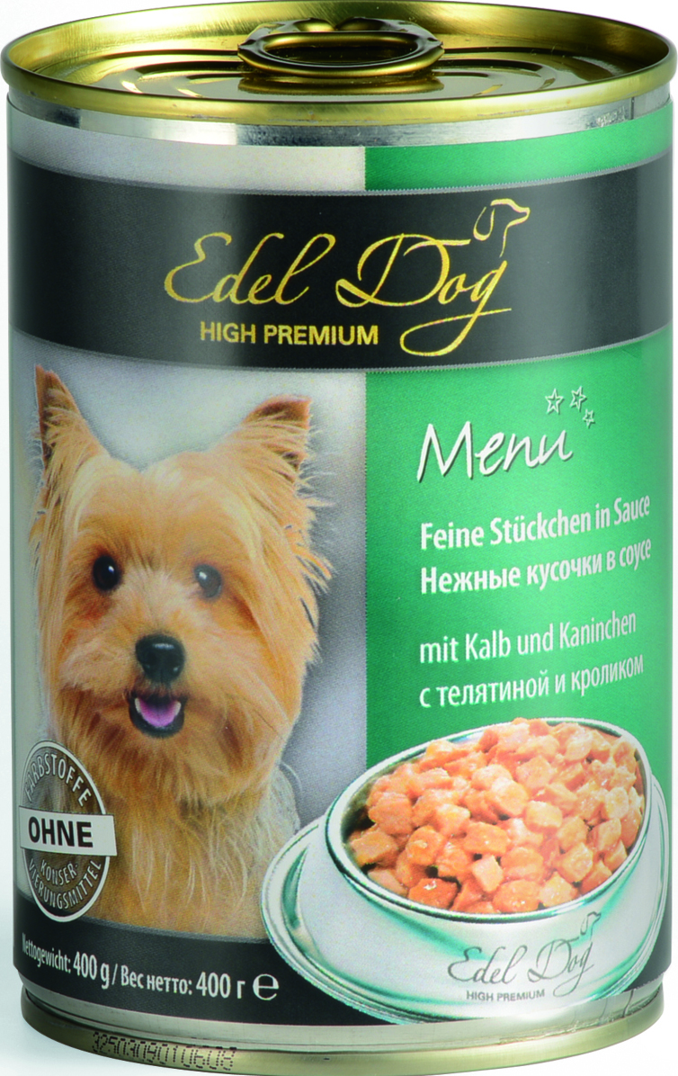 Консервы для собак Edel Dog, с телятиной и кроликом, 400 г1000331 Консервы для собак Edel Dog, с телятиной и кроликом, 400 г1000331Консервы для собак Edel Dog - полнорационный консервированный корм для собак всех пород. На основе мяса теленка и кролика с добавлением витаминов и минералов. Cостав: мясо и мясопродукты (5% телятины, 5% кролика), злаки, минеральные вещества, инулин (0,1%). Аналитический состав: влажность 82%, сырой протеин 8,5%, сырой жир 4,5%, сырая зола 2,0%, сырая клетчатка 0,5%. Пищевые добавки / кг: витамин Д3 250 МЕ, цинк (сульфат цинка, моногидрат) 18 мг, витамин Е (альфа-токоферолацетат) 15 мг, медь (сульфат меди II, пентагидрат) 1 мг, марганец (сульфат марганца II, моногидрат) 1 мг. Товар сертифицирован.