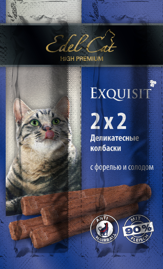 Edel Cat Колбаски-мини - форель солод 4 колбаски1001873 Edel Cat Колбаски-мини - форель солод 4 колбаски1001873Вкусные жевательные колбаски для кошек. На 90%состоят из свежего мяса с добавлением витаминно -минерального комплекса. Минеральные вещества: Сырой протеин 33,5%, влажность 28%, сырой жир 20%, Сырая зола 9%, сырая клетчатка2% Состав: Мясо и мясопродукты (90%), рыба и рыбные продукты (4% форели),растительные продукты (4% солод), минеральные вещества.