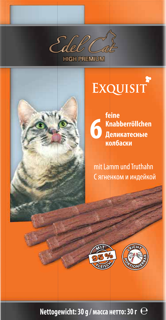Лакомство для кошек Edel Cat, деликатесные колбаски, с ягненком и индейкой, 6 шт1002183 Лакомство для кошек Edel Cat, деликатесные колбаски, с ягненком и индейкой, 6 шт1002183Лакомство для кошек Edel Cat - вкусные жевательные колбаски для кошек. Они на 95% состоят из свежего мяса с добавлением витаминно -минерального комплекса. Состав: мясо и мясопродукты (95% в том числе 6% ягненок, 6% индейка), минеральные вещества. Минеральные вещества: сырой протеин 33,5%, влажность 28%, сырой жир 20%, сырая зола 10%, сырая клетчатка 2%. Товар сертифицирован.