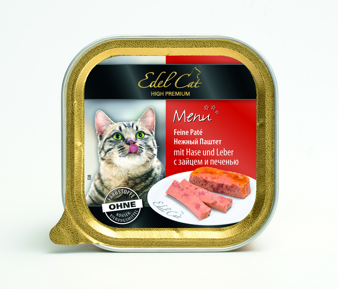 Edel Cat Нежный паштет с заяцем и печенью, 100г17403 Edel Cat Нежный паштет с заяцем и печенью, 100г17403Полнорационный консервированный корм для кошек. Изготовлен на основе мысопродуктов с добвлением витаминно - минерального комплекса. Минеральные вещества: влажность 82%, сырой протеин 8,5%, сырой жир 4,5% сырая зола 2,0%, сырая клетчатка 0,3%. витамин Д3 250 МЕ, цинк (сульфат цинка, моногидрат) 18мг, витамин Е (альфа – токоферолацетат) 15мг, медь (сульфат меди ||, пентагидрат) 1мг, марганец (сульфат марганца ||, моногидрат) 1 мг. Состав: мясо и мясопродукты (5% заяц, 5% печень), злаки, минеральные вещества, инулин (0,1%).