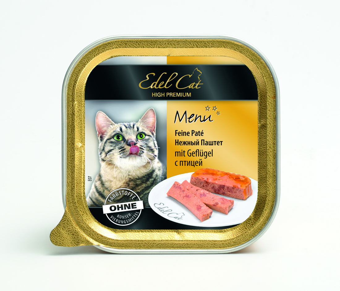 Edel Cat Нежный паштет с птицей, 100г17404 Edel Cat Нежный паштет с птицей, 100г17404Полнорационный консервированный корм для кошек. Изготовлен на основе мысопродуктов с добвлением витаминно - минерального комплекса. Минеральные вещества: влажность 82%, сырой протеин 8,5%, сырой жир 4,5% сырая зола 2,0%, сырая клетчатка 0,3%. витамин Д3 250 МЕ, цинк (сульфат цинка, моногидрат) 18мг, витамин Е (альфа – токоферолацетат) 15мг, медь (сульфат меди ||, пентагидрат) 1мг, марганец (сульфат марганца ||, моногидрат) 1 мг. Состав: мясо и мясопродукты (5% птица), злаки, минеральные вещества, инулин (0,1%).