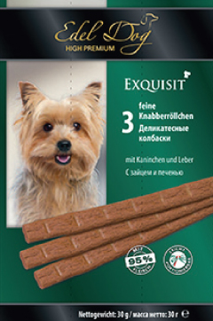 Edel Dog Колбаски - кролик печень 3 колбаски17501 Edel Dog Колбаски - кролик печень 3 колбаски17501Вкусное лакомства для поощрения на прогулке и дома. Изготовлено из свежего сырья с добавлением витаминов и минералов Минеральные вещества: влажность 27,0%, сырой протеин 35,0%, сырой жир 21,0%, сырая зола 9,0%, сырая клетчатка 0,5%. Добавки: антиоксидантами и консервантами ЕГ. Состав: Мясо и мясопродукты (из них как мин 6% кролика и мин.6% печени), минеральные вещества, сахар