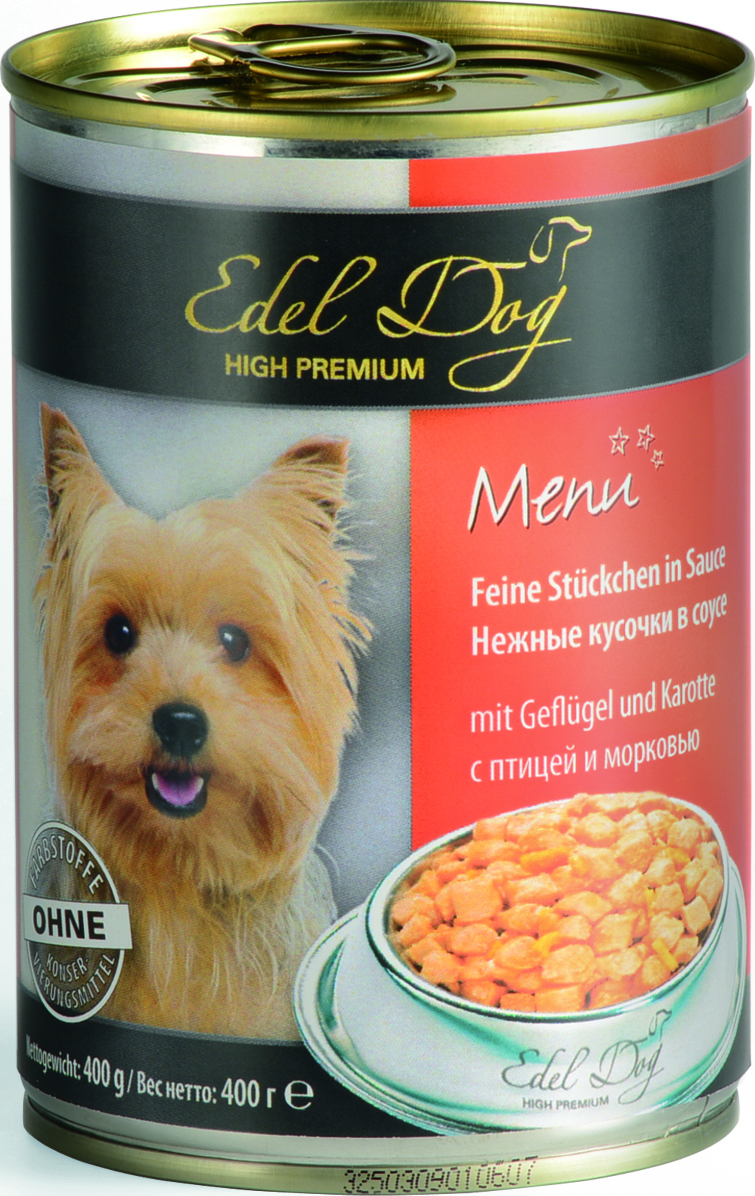 Консервы для собак Edel Dog, с птицей и морковью, 400 г17704 Консервы для собак Edel Dog, с птицей и морковью, 400 г17704Консервы для собак Edel Dog - полнорационный консервированный корм для собак всех пород. На основе мяса птицы и моркови с добавлением витаминов и минералов. Состав: мясо и мясопродукты (5% птицы), овощи (4% морковь), злаки, минеральные вещества, инулин (0,1%). Аналитический состав: влажность 82%, сырой протеин 8,5%, сырой жир 4,5%, сырая зола 2,0%, сырая клетчатка 0,5%. Пищевые добавки/кг: витамин Д3 250 МЕ, цинк (сульфат цинка, моногидрат) 18 мг, витамин Е (альфа – токоферолацетат) 15 мг, медь (сульфат меди ||, пентагидрат) 1 мг, марганец (сульфат марганца ||, моногидрат) 1 мг. Товар сертифицирован.