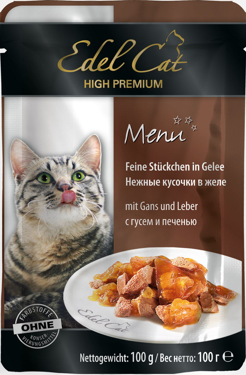 Edel Cat С гусем и печенью нежные кусочки в желе 100г8104 Edel Cat С гусем и печенью нежные кусочки в желе 100г8104Полнорационный консервированный корм для кошек. Изготовлен на основе мысопродуктов с добвлением витаминно - минерального комплекса. Минеральные вещества: влажность 82%, сырой протеин 8,5%, сырой жир 4,5% сырая зола 2,0%, сырая клетчатка 0,3%,витамин Д3 250 МЕ, цинк (сульфат цинка, моногидрат) 18мг, витамин Е (альфа – токоферолацетат) 15мг, медь (сульфат меди ||, пентагидрат) 1мг, марганец (сульфат марганца ||, моногидрат) 1 мг. Состав: мясо и мясопродукты (5% гуся, 5% печени), минеральные вещества, инулин (0,1%).