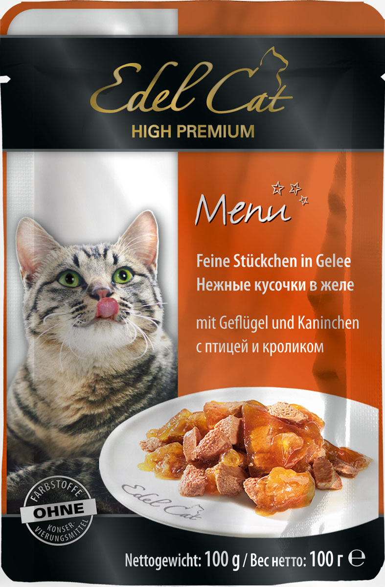 Edel Cat С птицей и кроликом нежные кусочки в желе 100г8107 Edel Cat С птицей и кроликом нежные кусочки в желе 100г8107Полнорационный консервированный корм для кошек. Изготовлен на основе мысопродуктов с добвлением витаминно - минерального комплекса. Минеральные вещества: влажность 82%, сырой протеин 8,5%, сырой жир 4,5% сырая зола 2,0%, сырая клетчатка 0,3%, витамин Д3 250 МЕ, цинк (сульфат цинка, моногидрат) 18мг, витамин Е (альфа – токоферолацетат) 15мг, медь (сульфат меди ||, пентагидрат) 1мг, марганец (сульфат марганца ||, моногидрат) 1 мг. Состав: мясо и мясопродукты (5% птицы, 5% кролика), минеральные вещества, инулин (0,1%).