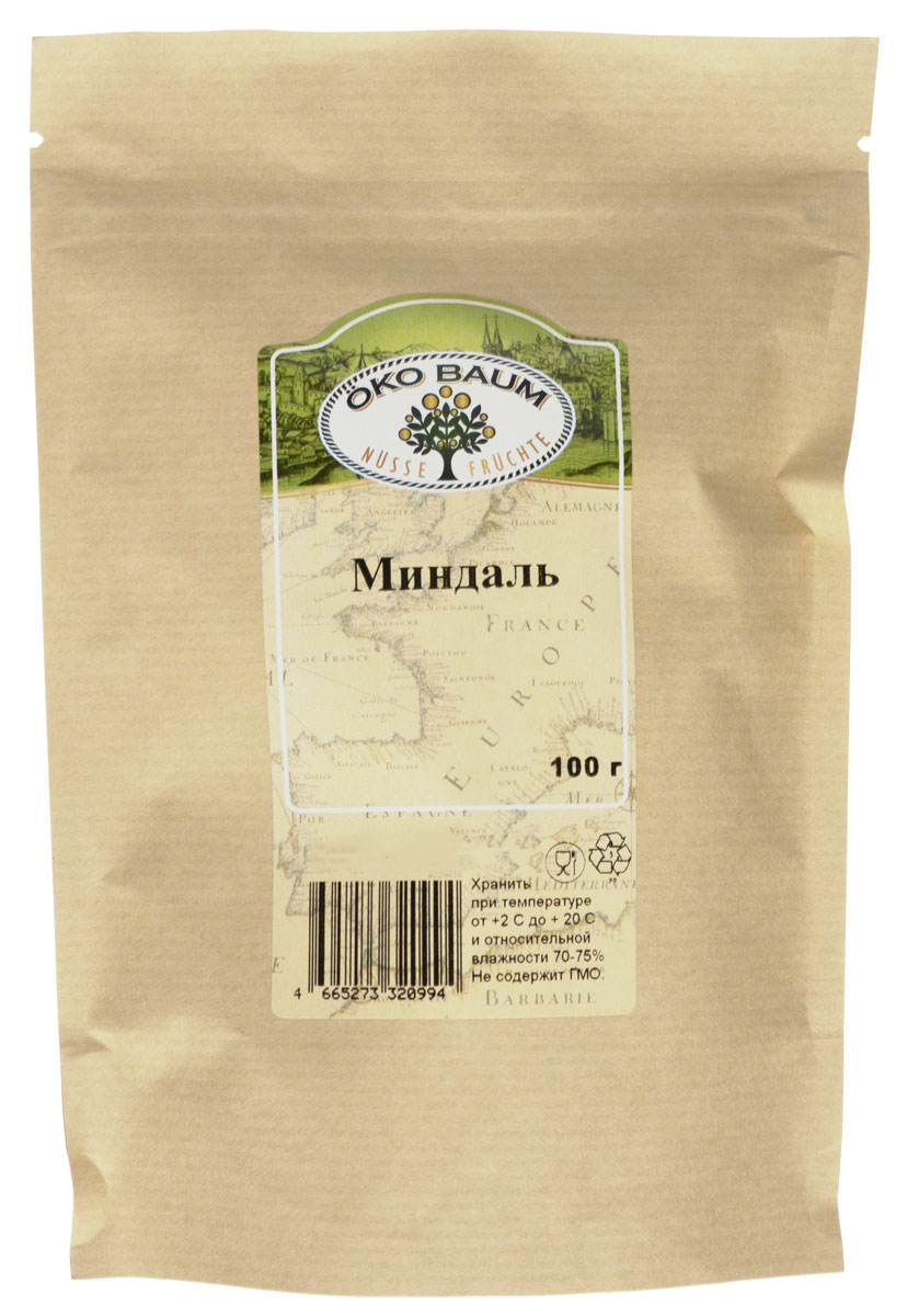 Oko Baum миндаль, 100 г4665273320994 Oko Baum миндаль, 100 г4665273320994Орешки сладкого миндаля любят все. Миндальный орех богат витамином Е. Этот витамин – главный природный антиоксидант. Он защищает клетки от преждевременного старения, выводит токсины, накопившиеся в организме. Достаточно употреблять 20 грамм миндального ореха в день, чтобы удовлетворить суточную потребность организма в витамине Е. Миндальный орех Oko Baum – отличная профилактика онкологических заболеваний. Благодаря витамину Е значительно снижается риск возникновения опухолей. В продукте содержится много витаминов группы В. Они отвечают за нормальную работу нервной системы, повышают стрессоустойчивость и снижают эмоциональное перенапряжение. Витамины этой группы улучшают зрение, делают волосы и кожу более здоровыми. Поможет орешек и в борьбе с различными ОРВИ, причем не только для профилактики, но и для лечения. Миндаль, как и все орехи, богат белком. Поэтому его часто используют вегетарианцы для замены мяса и рыбы.