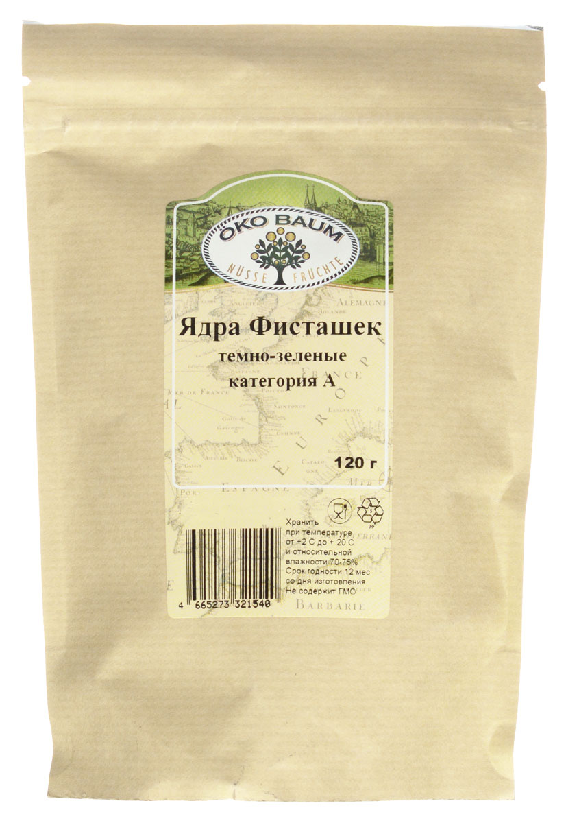 Oko Baum ядра фисташек темно-зеленые категория А, 120 г4665273321540 Oko Baum ядра фисташек темно-зеленые категория А, 120 г4665273321540Знакомьтесь, орехи счастья (именно так их называют в Китае) – плоды древа жизни, а попросту – фисташки! Фисташковые орехи служат верой и правдой человеку вот уже более 2,5 тысяч лет. Они ценятся на востоке и во всем мире как продукт, оказывающий тонизирующее действие. Эти орехи рекомендуют принимать при хронической усталости. В каждом маленьком орешке содержатся медь, марганец, фосфор, калий и магний. По содержанию витамина В6 этот продукт может поспорить даже с говяжьей печенью, а всего 30 орехов содержат столько же клетчатки, сколько находится в целой порции овсяной каши. Благодаря содержанию витамина Е, фисташковые орехи оказывают омолаживающее действие на организм. Фисташки показаны к употреблению людям, имеющим проблемы с сердцем и сосудами. Также полезны эти орехи при заболеваниях печени и дыхательных путей. В качестве дополнительной помощи они включаются в рацион больных гепатитом и малокровием.