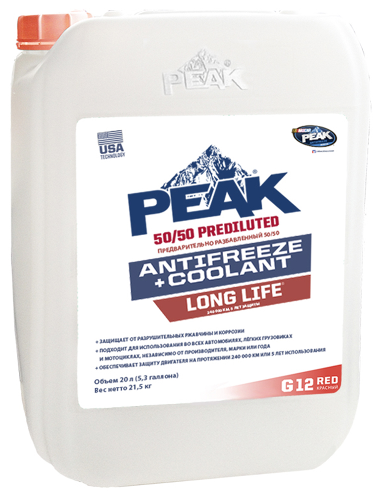 Антифриз PEAK LONG LIFE 50/50 , готовый, цвет: красный G12; 20 л7310028 Антифриз PEAK LONG LIFE 50/50 , готовый, цвет: красный G12; 20 л7310028Высококачественный красный антифриз PEAK LONG LIFE изготовленный на основе запатентованной передовой технологии органических кислот (ОАТ), которая обеспечивает гарантированную защиту системы охлаждения автомобиля от коррозии. Обеспечивает максимальную защиту от замерзания до -37°С и закипания до + 109°С (при атмосферном давлении). Антифриз подходит для использования в системах охлаждения всех типов легковых автомобилей и легких грузовиков, независимо от цвета первоначально используемого антифриза. Применение PEAK LONG LIFE исключает возникновение накипи и отложений. Антифриз не содержит силикатов, аминов, боратов, фосфатов. Соответствует требованиям следующих спецификаций: ASTM D-3306; ASTM D-4340; Audi TL 774-D/F; Saab GM 6277M; Ford WSS-M97B44-D; Citroen, Peugeot, Renault; MAN 324 SNF; Opel/Vauxhall B 040 1065; Seat TL 774-D/F; Porsche; Mercedes; General Motors GM 6277M; Skoda TL 774-D/F; Mini Cooper D; VW TL 774-D/F (G12); Спецификации европейских ОЕМ - производителей по...