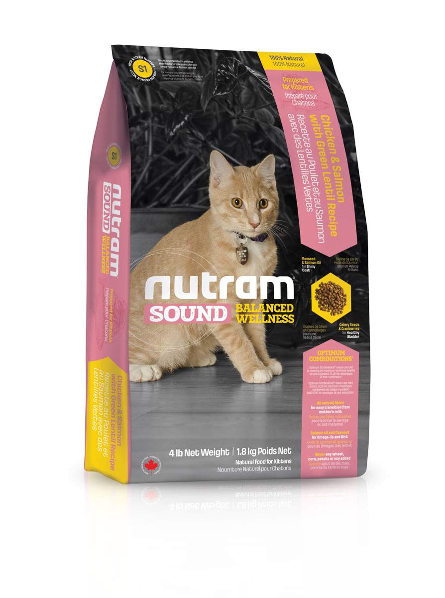Сухой корм для котят S1 Nutram Sound Balanced Wellness Kitten Food - 1.8KG83085 Сухой корм для котят S1 Nutram Sound Balanced Wellness Kitten Food - 1.8KG83085Целостный (holistic), полезный, богатый питательными веществами корм, который улучшает самочувствие и здоровье питомцев по принципу «изнутри наружу». Рецептура разработана на основе Оптимальных СочетанийTM жира лососевых рыб и семян льна, источников Омега-3 жирных кислот, необходимых для поддержки нормального развития. Клюква, естественный подкислитель, и семена сельдерея, эффективное мочегонное, регулируют баланс жидкости в организме. Благодаря им поддерживаются уровень рН и уровень золы в моче, что способствует здоровью мочеполовой системы. • Содержит мясо курицы, лосося и зеленую чечевицу • Натуральная клетчатка помогает сделать переход от материнского молока к корму более легким • Жир лососевых рыб и семена льна используются в качестве источника полиненасыщенных и Омега-3 жирных кислот • Не содержит пшеницу, кукурузу, картофель или сою в любом виде.