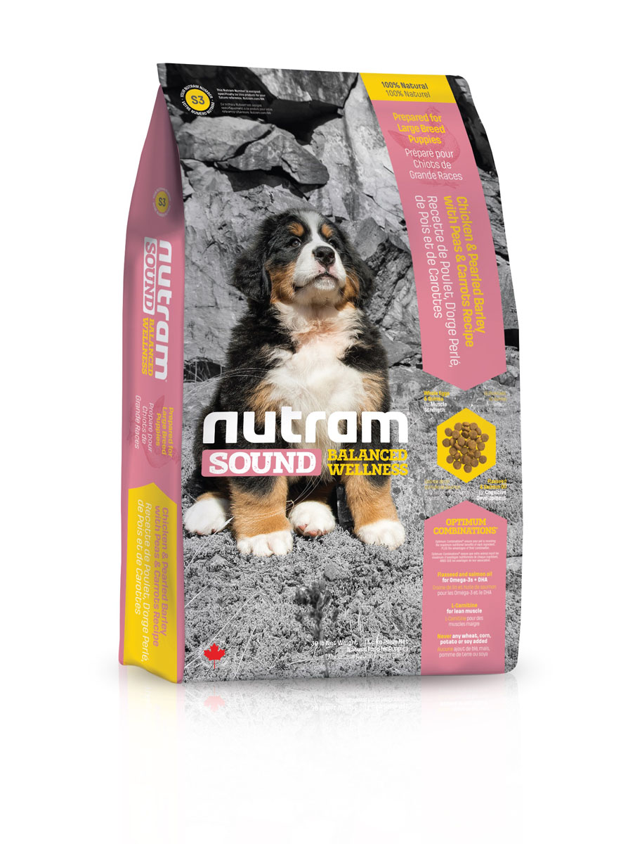 Сухой корм для щенков крупных пород S3 Nutram Sound Large Breed Puppy - 13.6 КГ83096 Сухой корм для щенков крупных пород S3 Nutram Sound Large Breed Puppy - 13.6 КГ83096Обеспечивает полноценное и сбалансированное питание для растущих щенков крупных пород, достигающих веса 28 кг и более во взрослом состоянии. Оптимальное развитие тканей растущих щенков обеспечивается сбалансированным аминокислотным составом корма, витаминами и минералами, включенными в его состав. Для щенков крупных пород особенно важно соотношение в корме кальция и фосфора. Правильный баланс этих элементов понижает вероятность появления проблем с опорно-двигательным аппаратом, профилактирует развитие таких заболеваний, как дисплазия тазобедренного сустава. Рыбий жир (источник ДГК – докозагексаеновой кислоты) способствует правильному развитию головного мозга и глаз. Исследования показали, что щенки получающие ДГК в рационе, лучше дрессируются и становятся более понятливыми.