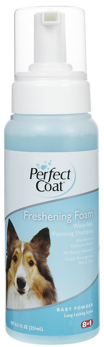 Шампунь для собак 8in1 PC Freshening Foam без смывания с ароматом детской присыпки пена 251 мл1827191 Шампунь для собак 8in1 PC Freshening Foam без смывания с ароматом детской присыпки пена 251 мл18271918in1 шампунь для собак PC Freshening Foam без смывания с ароматом детской присыпки пена 251 мл Шампунь-пенка, не требующий смывания, является альтернативой обычному купанию. Он великолепно подходит пожилым, травмированным животным, а также собакам, которых сложно помыть. Пена тщательно очищает и дезодорирует шерсть, придает ей блеск и приятный аромат детской присыпки. Шампунь не накапливается в шерсти и не делает ее жирной. Он регулирует линьку, облегчает расчесывание и улучшает структуру шерсти, снимает статическое электричество. Пена обогащена антиоксидантами, Омега-3 жирными кислотами. Не содержит спирта. Не утяжеляет шерсть. Не требует смывания. Нанесите шампунь на сухую шерсть, вотрите пену массажными движениями и вытрите щерсть. Не требует смывания.