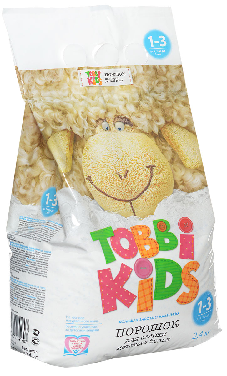 Tobbi Kids Стиральный порошок для детского белья от 1 до 3 лет 2,4 кг891790 Tobbi Kids Стиральный порошок для детского белья от 1 до 3 лет 2,4 кг891790Дети в возрасте от 1 года до 3 лет очень чувствительны к аллергенам и активным веществам в составе моющего средства, из-за чего взрослые стиральные порошки им не подходят. Однако характер загрязнений на одежде в процессе взросления меняется, поэтому стиральный порошок должен быть не только безопасным, но и более эффективным, чем в первые месяцы жизни. Формула Tobbi Kids от 1 до 3 лет разработана с учетом рекомендаций педиатров и отвечает самым высоким требованиям безопасности. Эффективен против пятен соков, каш, пюре, травы, чернил и гуаши. Гипоаллергенный. Состав: мыло хозяйственное, неионогенное поверхностно-активное вещество, натрия перкарбонат, натрий триполифосфат, сода кальцинированная, натрий карбоксиметилцеллюлоза, усилитель отбеливателя, акремон В1, энзимы, натрий сернокислый.