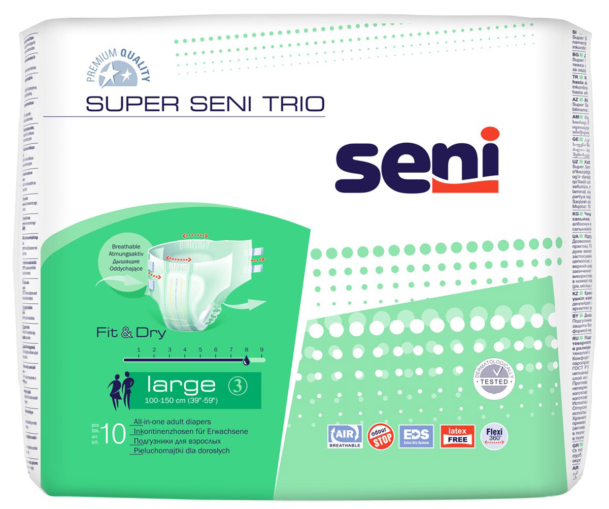 Seni Подгузники для взрослых Super Seni Trio, размер 3 (100-150 см), 10 штSE-094-LA10-A03 Seni Подгузники для взрослых Super Seni Trio, размер 3 (100-150 см), 10 штSE-094-LA10-A03Seni Super Seni Trio – дышащие подгузники для защиты при средней и тяжелой степени недержания мочи, предназначены как для активных людей, так и для людей с ограниченными двигательными возможностями. Двойная система крепления с помощью эластичных резинок в поясе сзади и спереди, а также двойных эластичных застежек-липучек обеспечивает надежное и комфортное использование. Имеется возможность многократного приклеивания и отклеивания застежек-липучек без риска разорвать внешний слой подгузников. Двойной впитывающий слой с суперабсорбентом гарантирует высокий уровень впитываемости. Специальная система Odour Stop нейтрализует неприятный запах. Внутренние боковые бортики защищают от протеканий. Отсутствие латексных элементов (Latex Free) снижает риск появления аллергических реакций на латекс. Индикатор влагонасыщения показывает меру наполнения, информируя о необходимости смены подгузника. Имеют еще более высокую впитываемость и предназначены для страдающих особо тяжелой степенью...