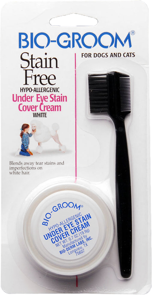 Маскировка для глаз Bio-Groom Stain Free от слезных дорожек 21 мл31007 Маскировка для глаз Bio-Groom Stain Free от слезных дорожек 21 мл31007Bio-Groom Stain Free маскировка для глаз от слезных дорожек. Гипоаллергенный крем для маскировки пятен под глазами. Специально разработан для удаления слезных пятен и других дефектов на белой шерсти. При постоянном использовании пятно осветляется т.к. крем обеспечивает защиту кожи и шерсти под глазами от окрашивающего эффекта слез. Гипоаллергенный, 100% отсутствие ароматизаторов, все ингредиенты натуральные. Инструкция по применению: Нанесите с помощью щеточки, входящей в комплект или при помощи пальцев. Аккуратно вотрите в область пятна. Предохраняйте от попадания крема в глаза. С помощью прилагающейся расчесочки мягко удалите избыток крема, оставив необходимое количество для маскировки запачканного места. Объём 21 мл.