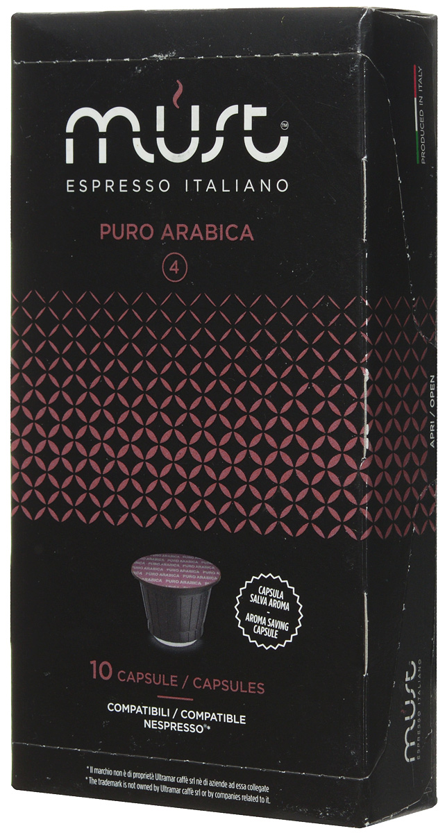 MUST Puro Arabica кофе капсульный, 10 шт8056370761012 MUST Puro Arabica кофе капсульный, 10 шт8056370761012Капсульный кофе MUST Puro Arabica сочетает в себе цветочно-медовый и ореховый аромат в контексте с ароматом свежесобранных и только что обжаренных кофейных зерен, которые выражают полный и обволакивающий вкус. Обладает изысканностью, богатой интенсивностью и сладким послевкусием.