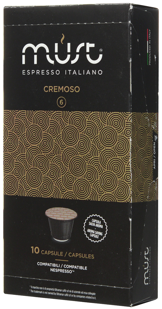 MUST Cremoso кофе капсульный, 10 шт8056370761029 MUST Cremoso кофе капсульный, 10 шт8056370761029MUST Cremoso - купаж с мягким, стойким и обволакивающим ароматом. Этот кофе порадует вас и ваших близких своим многослойным вкусом со сливочными нотками, ненавязчивой горчинкой какао и ореховым ароматом. В напитке раскрываются также кисло-сладкие ноты.