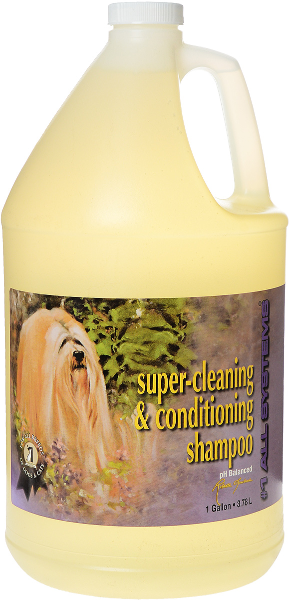 Шампунь для собак и кошек 1 All Systems Super-cleaning & Conditioning, суперочищающий, 3,78 л103 Шампунь для собак и кошек 1 All Systems Super-cleaning & Conditioning, суперочищающий, 3,78 л103Шампунь 1 All Systems Super-cleaning & Conditioning предназначен для собак и кошек. Шампунь обогащен кондиционерами, которые тщательно очищают шерсть, не изменяя ее структуру. Быстро и полностью смывается, оставляет шерсть искрящейся, без остатков грязи. Уникальная формула предотвращает образование колтунов. Благодаря безопасной и очень мягкой формуле, может использоваться ежедневно. Подходит для чувствительной кожи, щенкам, кормящим сукам и кошкам. Содержит только натуральные, безвредные ингредиенты. Не содержит алкоголь, масло или силиконовые продукты, способные повредить кожу и шерсть. Не изменяет окрас и текстуру. Способ применения. Может быть разведен в 1 или 2 частях воды перед использованием. Хорошо увлажните шерсть и нанесите нужное количество для удаления грязи и жира. Хорошо вмассируйте в шерсть. Ополосните и еще раз нанесите шампунь для полной очистки шерсти, затем нанесите подобранный для вашего питомца кондиционер. Рекомендации для кошек: идеально...