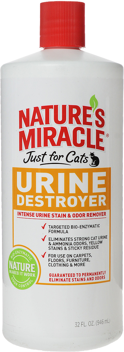 Уничтожитель пятен, запахов и осадка от мочи кошек Natures Miracle Urine Destroyer, 945 мл5057211 Уничтожитель пятен, запахов и осадка от мочи кошек Natures Miracle Urine Destroyer, 945 мл5057211Уничтожитель пятен, запахов и осадка от мочи кошек Natures Miracle Urine Destroyer специально разработан для устранения самых стойких запахов и пятен от мочи кошек. Благодаря использованию самых мощных технологий в этой области, включая активаторы кислорода и био-энзимную формулу, средство устраняет загрязнения максимально эффективно. Этот уничтожитель можно использовать на коврах, твердых поверхностях, тканях, переносках, спальных местах животных и кошачьих туалетах. Уничтожитель использует глубоко проникающие, обогащенные кислородом био-энзимные компоненты для удаления загрязнений от мочи кошек, включая липкий осадок. Средство также содержит формулу двойного действия, которая разрушает мочевину - причину неприятного запаха мочи. Уничтожитель быстро начинает работать, проникает вглубь самого трудновыводимого загрязнения и полностью удаляет органические пятна и запахи. Для достижения наилучших результатов нужно позволить средству высохнуть...