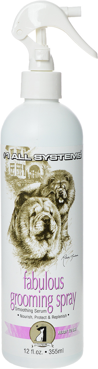 Финишный спрей для груминга 1 All Systems Fabulous Grooming, 355 мл9205 Финишный спрей для груминга 1 All Systems Fabulous Grooming, 355 мл9205Финишный спрей 1 All Systems Fabulous Grooming предназначен для груминга собак и кошек. Содержит усилитель липидного слоя, который позволяет улучшить эластичность, гладкость, увлажненность кожи. Спрей рекомендован к постоянному использованию, уже через 3-7 дней липиды, входящие в состав продукта, покрывают шерсть животного, защищая ее от спутывания, статического эффекта, ломкости и тусклости. Масла спрея питают волосы, делают их ухоженными и шелковистыми. Обладает положительным зарядом, что отталкивает грязь, которая заряжена отрицательно. Способ применения: Для шерсти в хорошем состоянии можно разбавить водой: 100 мл воды на 40 мл спрея. Разбавленный спрей нанести на влажную или сухую шерсть, уделяя повышенное внимание проблемным участкам шерстяного покрова. При матовой, спутанной шерсти, а также для удаления фиксирующих или других спреев, используйте неразбавленным. Распылите и позвольте спрею высохнуть перед расчесыванием шерсти....