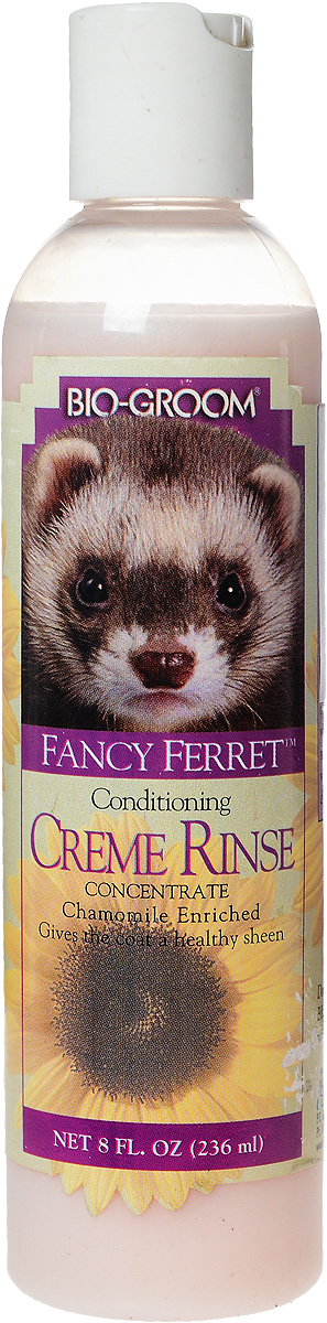 Кондиционер для хорьков Bio-Groom Fancy Ferret Cream Rinse, с ромашкой, 236 мл73008 Кондиционер для хорьков Bio-Groom Fancy Ferret Cream Rinse, с ромашкой, 236 мл73008Кондиционер Bio-Groom Fancy Ferret Cream Rinse с экстрактом ромашки специально разработан для хорьков. Экстракт ромашки стимулирует и восстанавливает шерсть, придает ей ослепительный блеск и исключительный лоск, питает кожу. Прекрасно кондиционирует. Средство усиливает яркость всех окрасов, в том числе белого. Специально разработанная формула не содержит химически активных веществ и абсолютно безопасна для применения. Кондиционер легко смывается, имеет сбалансированный pH, биологически разлагаемый. Гарантирует гладкость, чистоту и легкое расчесывание шерсти. Способ применения: После обработки шампунем и промывки нанесите кондиционер и тщательно помассируйте, смойте слегка теплой водой. Кондиционер может быть разведен в пропорции 1 к 4 частям теплой воды в зависимости от состояния кожи и шерсти.